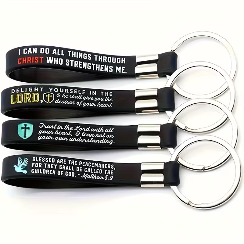 4-Piece Christian Bible Wristband Keychain Set – Inspirational Silicone Faith Accessories