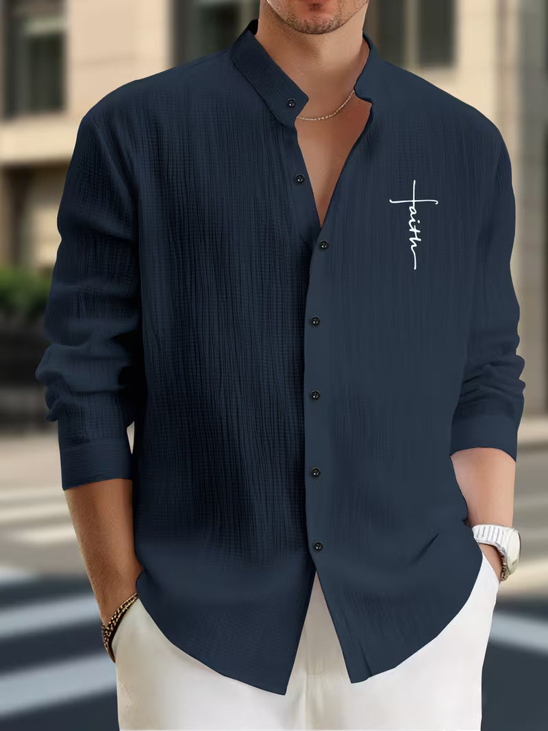 Men’s Elegant Stand Collar Shirt – Classic Christian Formal Wear