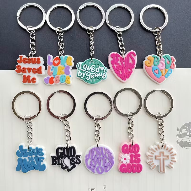 5 pcs - Jesus Themed PVC Keychains – Colorful Christian Faith Charms with Bible Verses